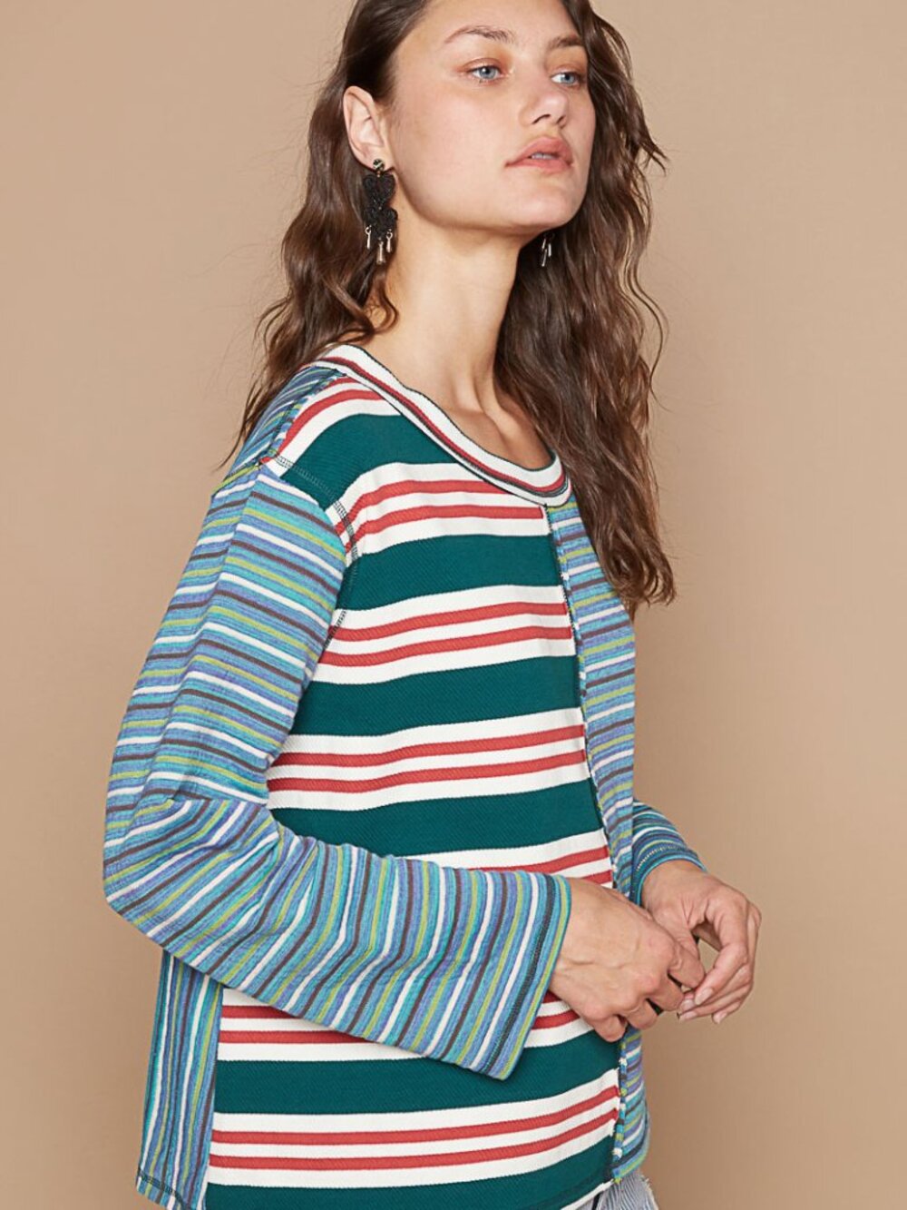 POL round neck ruffle sleeve roomy fit top in thermal with sitich detail.